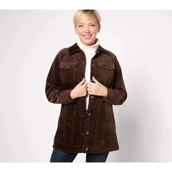 Denim & Co. Jackets & Blazers - Denim & Co. Women's Stretch Velveteen Button Front Long  Jacket Dark Chocolate S